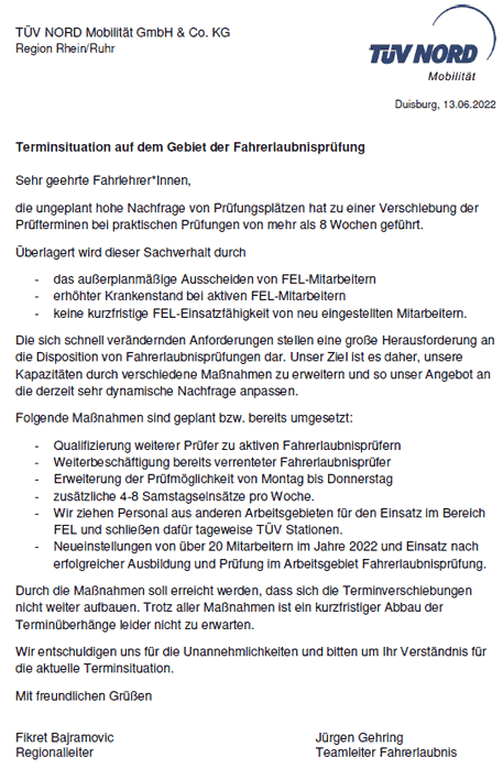 TÜV-Terminsituation TÜV-Terminsituation